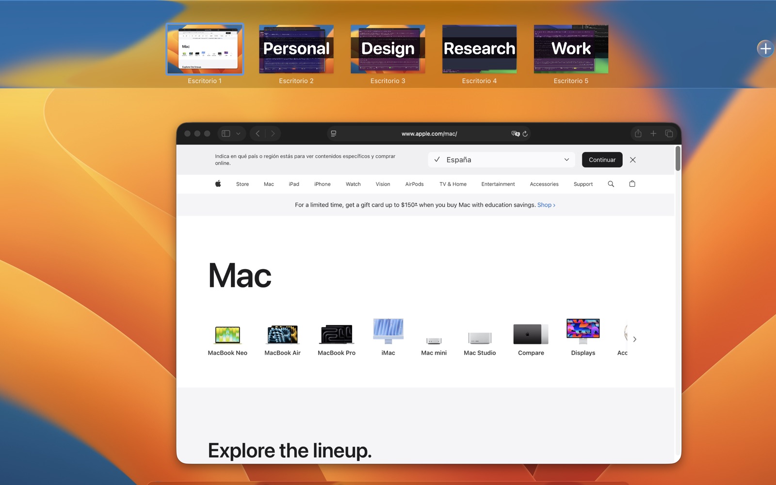 Mission Control showing several Mac desktops, each thumbnail carrying its own name
